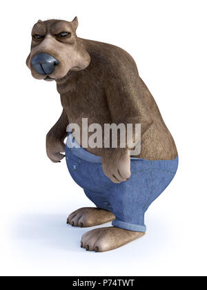 3D-Rendering für eine Cartoon bear sehr mürrisch oder wütend. Weißer Hintergrund. Stockfoto