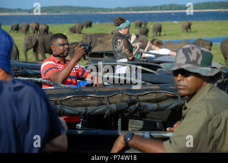 Touristen fotografieren in Safaribugen im Kaudulla Nationalpark, Sri Lanka. Stockfoto
