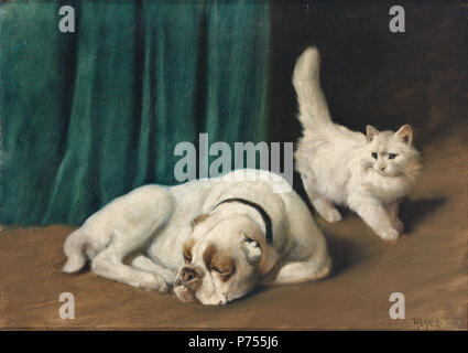 12 Arthur Heyer Ruhende Bulldogge und weiße Perserkatze Stockfoto