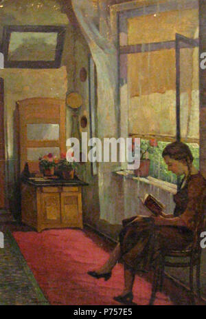 Român: Nicolae Tempeanu (1883-1937) - Interieur cu Fata citind, ulei/Karton, stanga Jos semnat cu Negru, 49 x 35 cm. N/A 169 Nicolae Tempeanu - Interieur cu Fata citind Stockfoto