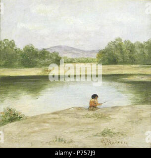 Englisch: Kind Angeln entlang eines Flusses durch Gnade Hudson, 8,75 x 7,75 in, Öl auf Pappe. N/A26 Kind Angeln entlang eines Flusses durch Gnade Hudson Stockfoto