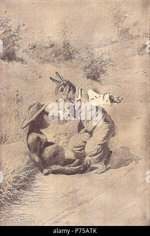 Englisch: Brer Rabbit erhält in der Tar-Baby stecken. Diese Abbildung stammt aus der Version 1895 von Joel Chandler Harris' Onkel Remus: seine Lieder und seine Sprüche, illustriert von A.B. Frost. 1895 19 Gevatter Hase und der Tar Baby Stockfoto