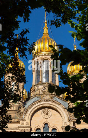 Die goldenen Kuppeln der Russisch-orthodoxen Kirche St. Elisabeth in Wiesbaden, Blick durch Laub. Stockfoto