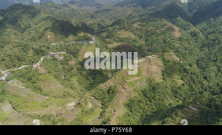 Luftaufnahme von Reis Terrassen an den Hängen der Berge, Banaue, Philippinen. Anbau von Reis in den Norden Batad. Berge bedeckt Wald, Bäume. Die philippinischen Kordilleren. Stockfoto