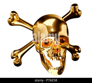 Goldenen Totenkopf mit gekreuzten Knochen oder Totenkopf auf Weiß 3D-Render 3 isolierte d Abbildung Stockfoto