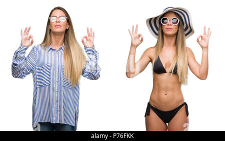 Junge hübsche blonde Frau mit Business und bikini Outfits entspannen und Lächeln mit den Augen dabei geschlossen Meditation Geste mit den Fingern. Yoga anhand von quantitativen Simulatio Stockfoto