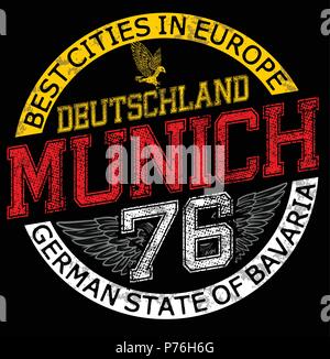 Vector Illustration München, Deutschland, stilvolle Grafik Design für t-shirts, Vintage Design, T-shirt, Grafiken, München, Leinwand, München Typographie, Varsity Stock Vektor