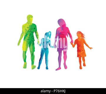 Eine glückliche Familie zusammen gehen und halten sich an den Händen in bunten Texturen. Vector Illustration Stock Vektor