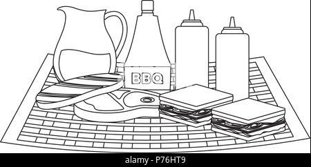 Picknick Tischdecke mit Sandwiches und Sauce Flaschen mit weißem Hintergrund, Vector Illustration Stock Vektor