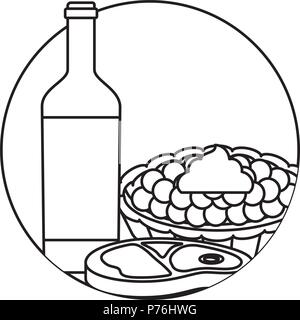 Flasche Wein mit süßen Kuchen und Steak Fleisch auf weißem Hintergrund, Vector Illustration Stock Vektor