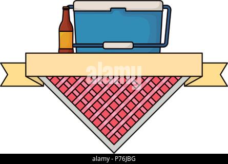 Picknick Emblem mit Essen kühler und Bier Flasche mit weißem Hintergrund, Vector Illustration Stock Vektor