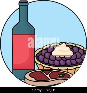 Flasche Wein mit süßen Kuchen und Steak Fleisch auf weißem Hintergrund, Vector Illustration Stock Vektor