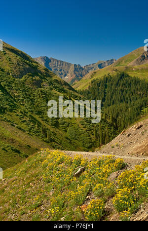 Jeep auf alpinen Schleife in der Nähe von Engineer Pass, Animas River Valley in Distanz, San Juan, Berge, Colorado, USA Stockfoto