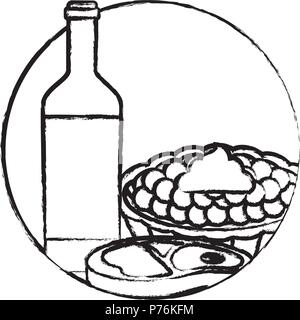 Flasche Wein mit süßen Kuchen und Steak Fleisch auf weißem Hintergrund, Vector Illustration Stock Vektor