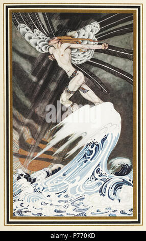 Deutsch: "Der North Wind geht über das Meer" Illustration von Kay Nielsen in Östlich der Sonne und westlich vom Mond (1914). Im frühen zwanzigsten Jahrhundert mehrere Englische Verlage eine Reihe von Collector's Editions der Kinder- und Jugendliteratur herausgegeben. Diese Geschenk Bücher, speziell in Gold gebunden - werkzeuggestützte Vellum, waren kunstvoll mit farbigen Platten durch die besten Illustratoren der Zeit wie Arthur Rackham, Edmund Dulac, Hugh Thomson, und Heath Robinson dargestellt. Einer der schönsten liegt Östlich der Sonne und westlich vom Mond durch die Dänische Illustratorin illustriert, Kay Nielsen. Nielsen (1886-1957) war Stockfoto