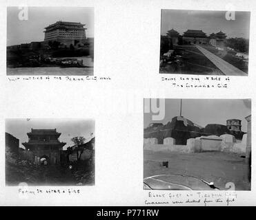 . Englisch: 19.30 Szenen aus Peking und Tientsin, Ca. 1899-1901. Englisch: Untertitel auf Album Seite: Gerade außerhalb der Pekinger Stadtmauer; Truppen Camping in der Verbotenen Stadt; Peking St. nach einem Brand; Schwarz fort in tien tsin Stadt, Zugeständnisse waren von diesem fort ohne Schale. PH-Coll 241. B30 a-d Themen (LCTGM): Kriegsschäden --China-- Peking; Kriegsschäden - China - Tianjin; Soldaten --China-- Peking; militärische Lager - - China - Peking; Burgen & Schlösser --China-- Peking; Burgen und Festungen - China - Tianjin Themen (LCSH): China - Geschichte - Boxer Rebellion, 1899-1901 -- Zerstörung und Plünderung; Verboten C Stockfoto