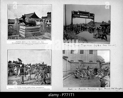 . Englisch: 7,35 Szenen in Peking und Tientsin, Ca. 1899-1901. Englisch: Untertitel auf Album Seite: Enorme Bronze in der Verbotenen Stadt, Pekin [d. h. Peking], diese merkwürdige Drache - vorangegangen Schildkröte ist nur eine der unzähligen geschnitzten Figuren im kaiserlichen Palast; Taku Straße, tien tsin (nach der Belagerung); Das tien tsin Eisenbahn unter britischer Verwaltung, die Chinesen sind jetzt sehr froh, Gebrauch machen und Masse der Lkw in erstaunliche Zahlen; Beute im Französischen Konzession von chinesischen Tempeln. PH-Coll 241. B35 a-d Themen (LCTGM): Burgen & Schlösser --China-- Peking; Gates - China - Tianjin Stockfoto