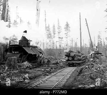 . Englisch: Crew mit Esel Motor und geladen Rungenwagen, Copalis Lumber Company, in der Nähe von Carlisle, Ca. 1917. Englisch: Legende auf Bild: copalis Lumber Co., Carlisle, Washington C. Kinsey Foto, Seattle. Nr. 29 PH-Coll 516.811 Die copalis Lumber Company wurde im Geschäft in Carlisle von 1914 bis 1920. Es ist die Protokollierung Eisenbahn war in die Carlisle Lumber Company aufgenommen. Carlisle ist eine kleine Siedlung auf dem copalis Fluss vier Meilen östlich des Pazifischen Ozeans im Südwesten Grays Harbor County. Wenn im Jahr 1912 durch die Carlisle Lumber Company gegründet, es war ein beschäftigter Protokollierung und Sägewerk. Es fortgesetzt werden Stockfoto