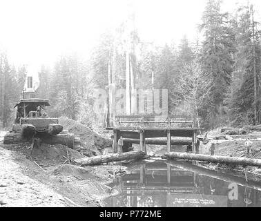 . Englisch: Crew mit Esel Motor und dam Gate ein Stream, Wynooche Timber Company, Ca. 1921. Englisch: Legende auf Bild: Wynoche anmelden. Co.C. Kinsey Foto. Nr. 3 PH-Coll 516.5196 Die Wynooche Holz unternehmen kann. 1913 mit Hauptsitz in Hoquiam und Protokollierung der Vorgänge in Montesano. Es war für Wynooche Tal im Nordosten Grays Harbor County genannt. Wynooche Timber Company wurde von Schafer Brüder Logging Company gekauft. 1927. Themen (LCTGM): Streams - Washington (State); Diesel Esel - Washington (State); Logger; Wynooche Timber Company - - Ausrüstung & Zubehör - Washington Stockfoto