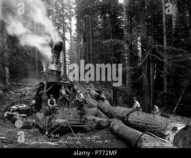 . Englisch: Crew mit Esel Motor neben skid Straße, Wynooche Timber Company, in der Nähe der Montesano, Ca. 1921. Englisch: Legende auf Bild: Wynoche Logging Co., Montesano, Wn. C. Kinsey Foto. Nr. 60 PH-Coll 516.5157 Die Wynooche Holz unternehmen kann. 1913 mit Hauptsitz in Hoquiam und Protokollierung der Vorgänge in Montesano. Es war für Wynooche Tal im Nordosten Grays Harbor County genannt. Wynooche Timber Company wurde von Schafer Brüder Logging Company gekauft. 1927. Montesano, der Sitz der County Grays Harbor County, ist acht Meilen östlich von Aberdeen auf der Chehalis River in der Nähe der Öffnung Stockfoto