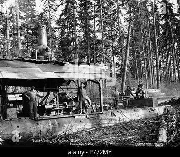 . Englisch: Crew mit Esel Motor, Vance Lumber Company, in der Nähe von Malone, Ca. 1916. Englisch: Legende auf Bild: Vance Lumber Co., Malone, Washington C. Kinsey Foto, Seattle. Nr. 2 PH-Coll 516.4500 Das Sägewerk in Malone vor 1908 von der Joe Vance Lumber Company gegründet wurde. Es war für die Bordeaux Lumber Company verkauft werden kann. 1922. Malone ist eine Gemeinschaft, die auf dem Moxie Creek 15 Meilen östlich von Montesano im Südosten Grays Harbor County. Es war einmal ein Sägewerk und Schindel Mühle Stadt, aber nun hat keine Bedeutung. Der Name ist für Hector J. Malone, der die erste Schindel Mühle im Jahre 1897 gegründet. Stockfoto