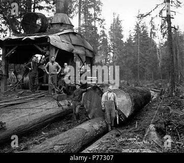 . Englisch: Esel Motor und Crew, Lester Logging Company, in der Nähe von Montesano, Ca. 1915. Englisch: PH-Coll 516.1720 Die E H Lester Logging Company wurde im Geschäft in der Montesano Bereich von Ca. 1910 bis 1919, als es in den Saginaw Timber Company zusammengeführt. Der E.H. Lester Logging Company hatte zwei - Meile logging Railroad. Montesano, der Sitz der County Grays Harbor County, ist acht Meilen östlich von Aberdeen auf der Chehalis River in der Nähe der Mündung des Wynooche Fluss in Grays Harbor County. Im Jahr 1862, der Name der Berg Zion, von der Frau des ersten Siedler wurde vorgeschlagen, J. L. Scammon. Ein weiterer Pionier, Stockfoto