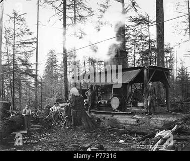 . Englisch: Esel Motor mit Crew und ein Mann im Anzug, Wynooche Timber Company, wahrscheinlich in Grays Harbor County, CA. 1921. Englisch: Legende auf Bild: Wynoche Bauholz Co Kinsey Foto. Nr. 30 PH-Coll 516.5201 Die Wynooche Holz unternehmen kann. 1913 mit Hauptsitz in Hoquiam und Protokollierung der Vorgänge in Montesano. Es war für Wynooche Tal im Nordosten Grays Harbor County genannt. Wynooche Timber Company wurde von Schafer Brüder Logging Company gekauft. 1927. Themen (LCTGM): Dampf Esel - Washington (State); Logger; Brennholz - Washington (State); Männer - Washington (State); Su Stockfoto