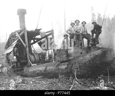 . Englisch: Logging Crew und Esel, die Eufaula Firma, Ca. 1921. Englisch: Legende zum Bild: Die Eufaula Co.C. Kinsey, Seattle. Nr. 16 PH-Coll 516.1155 Die Eufaula Unternehmen wurde im Geschäft kann. 1915 bis Ca. 1926. Eufaula ist ein ehemaliger logging Stadt, die jetzt praktisch zwei Meilen nördlich des Columbia River und vier Meilen nordwestlich von Longview in westlichen Cowlitz County verlassen. In den späten 1880er Jahren wurde die Stadt von Jefferson D. Brock, ein Angestellter eines Logging Company genannt, für seine Heimatstadt in Alabama Themen (LCTGM): Logger; Dampf Esel - Washington (State); Umstellung landet - Washington Stockfoto