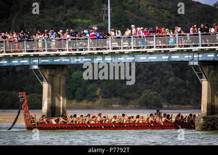 Maori warriors Paddel Waka Taua (Krieg Kanus) in Waitangi Day feiern in Waitangi, Neuseeland Stockfoto