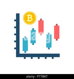 Analyse Konzept Flachbild Vektor Icon. Bitcoin, Münze, Diagramm, Bar. Auf weissem Hintergrund. Trendy Flat Style. Stock Vektor