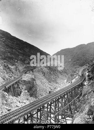 . Englisch: Switchback auf der White Pass und Yukon Railroad, Alaska, Ca. 1899. Englisch: Legende auf Bild: Hexe zurück W.P. & Y.R.R.' Bild im Hegg Album 3, Seite 35. Original Foto von Eric A. Hegg B 286 und von Webster und Stevens 98. A. kopiert Themen (LCTGM): Eisenbahnschienen - Alaska; Gerüste - Alaska Themen (LCSH): White Pass & Yukon Route (Hart). ca. 1899 12 Switchback auf der White Pass und Yukon Railroad, Alaska, ca 1899 (HEGG 490) Stockfoto