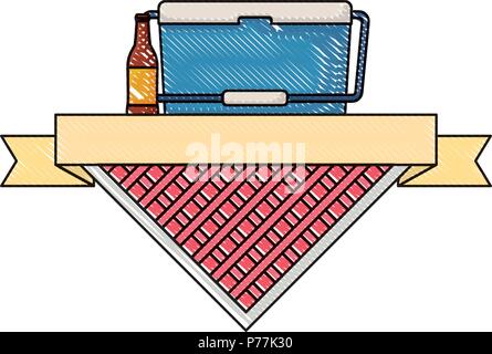 Picknick Emblem mit Essen kühler und Bier Flasche mit weißem Hintergrund, Vector Illustration Stock Vektor