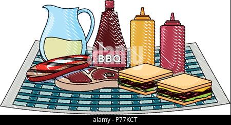 Picknick Tischdecke mit Sandwiches und Sauce Flaschen mit weißem Hintergrund, Vector Illustration Stock Vektor