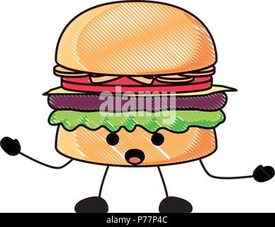 Kawaii überrascht Hamburger Symbol auf weißem Hintergrund, Vector Illustration Stock Vektor