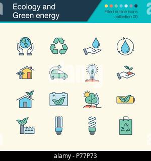Ökologie und Grüne Energie Symbole. Gefüllte Kontur Design Collection 9. Für die Präsentation, Grafik Design, Mobile, Web Design, Infografiken. Ve Stock Vektor