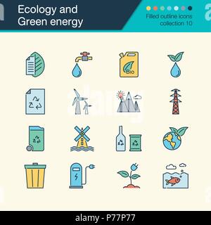 Ökologie und Grüne Energie Symbole. Gefüllte Kontur Design Collection 10. Für die Präsentation, Grafik Design, Mobile, Web Design, Infografiken. V Stock Vektor
