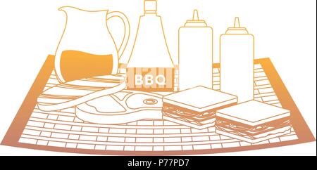 Picknick Tischdecke mit Sandwiches und Sauce Flaschen mit weißem Hintergrund, Vector Illustration Stock Vektor