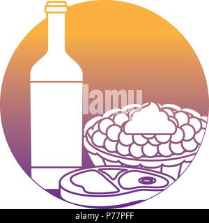 Flasche Wein mit süßen Kuchen und Steak Fleisch auf weißem Hintergrund, Vector Illustration Stock Vektor