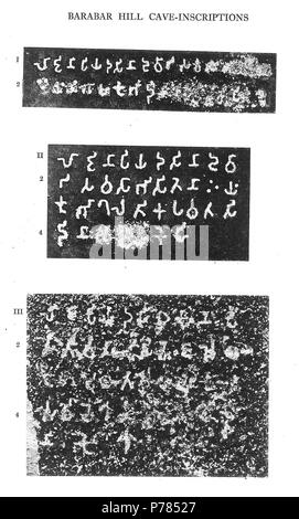 Englisch: Barabar Höhlen Inschriften von Ashoka Inschrift 1 (sudâma Höhle): "Durch König Priyadarsin, (wenn er gewesen war) zwölf Jahre Gesalbten, das Banyan Höhle wurde auf die Ajivikas" gegeben. Inschrift 2 (Vivaskarma Höhle): "Durch König Priyadarsin, (wenn Er hatte) zwölf Jahre Gesalbten, diese Höhle in der Khalatika Berg wurden die Ajivikas." Inschrift 3 (Karna Chaupar Höhle): "Wenn der König Priyadarsin neunzehn Jahre gesalbt worden war, diese Höhle in der sehr angenehmen Kha [latika Berg] wurde von mir für den Schutz während der Regenzeit. 1 Januar 1925 10 Barabar Höhlen Inschriften von Ashoka Stockfoto