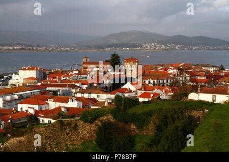 Blick auf die stadt mit Uhrturm in der Mitte, Igreja Matriz nach links, alte Stadtmauer im Vordergrund, Rio Minho im Hintergrund, Caminha, Portugal Stockfoto