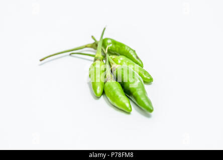 Der grüne Vogel eye Chili auf weißem Hintergrund Stockfoto