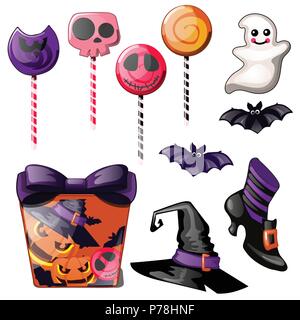 Satz von hellen Bonbons auf Stick, Lollipop. Hexenhut, Schuh- und Geschenkbox mit Schleife. Skizze für Grußkarten, festliche Poster oder Einladungen. Die Attribute der Urlaub der böse Geist Halloween. Stock Vektor