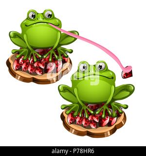 Niedlich grünen Frosch mit einer langen rosa Zunge stahl einen Edelstein Rubin. Cartoon Tiere isoliert auf einem weißen Hintergrund. Vector Illustration. Stock Vektor