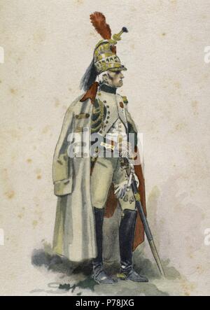 Französische Dragoner. Französische Armee. Kaiserreichs. 1807. Gravur. Farbige. Stockfoto