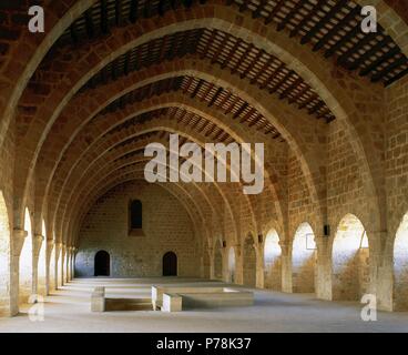 Kloster Santa Maria de Santes Creus. Zisterzienser. Schlafsaal, 1191. Spitzbogigen Bögen. Katalonien. Spanien. Stockfoto