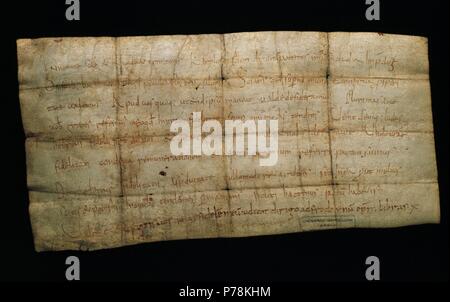 Karl der Kahle (823-877). König von Frankreich, König von Italien und Kaiser des Heiligen Römischen Reiches. Carolingian Reich. Dokument der Karls des kahlen, die Menschen in Barcelona. Original-Pergament. 875/877. Stockfoto