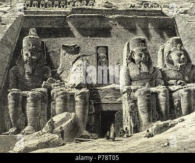 Ägypten. Abu Simbel. Große Tempel von Ramses II. Gravur. des 19. Jahrhunderts. Stockfoto