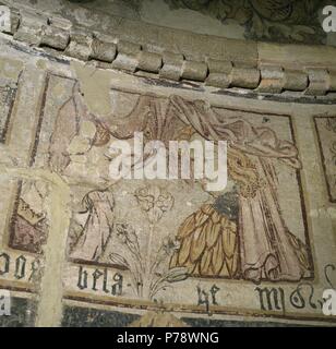 Spanien. Galizien. Palas del Rey. St. Jakobskirche (altes Kloster von Vilar de Donas). Bilder von der zentralen Apsis. 14. Jahrhundert. Porträts der Gründer der Familie Donas. Stockfoto