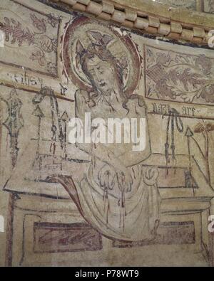 Spanien. Galizien. Palas del Rey. St. Jakobskirche (altes Kloster von Vilar de Donas). Details der Gemälde der zentralen Apsis. 14. Jahrhundert. Ecce Homo. Stockfoto