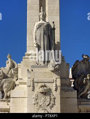 MONUMENTO A LA CONSTITUCION DE 1812. 'MONUMENTO Conocido como DE LAS CORTES'. Realizado en 1912 Como conmemoración del centenario de la Constitución de 1812, en la Plaza de España. Obra del arquitecto Modesto López Otero y del escultor Aniceto MARINAS (1866-1953). Detallle de la Base del mismo con la representación de la Constitucion. CADIZ. Andalusien. España. Stockfoto